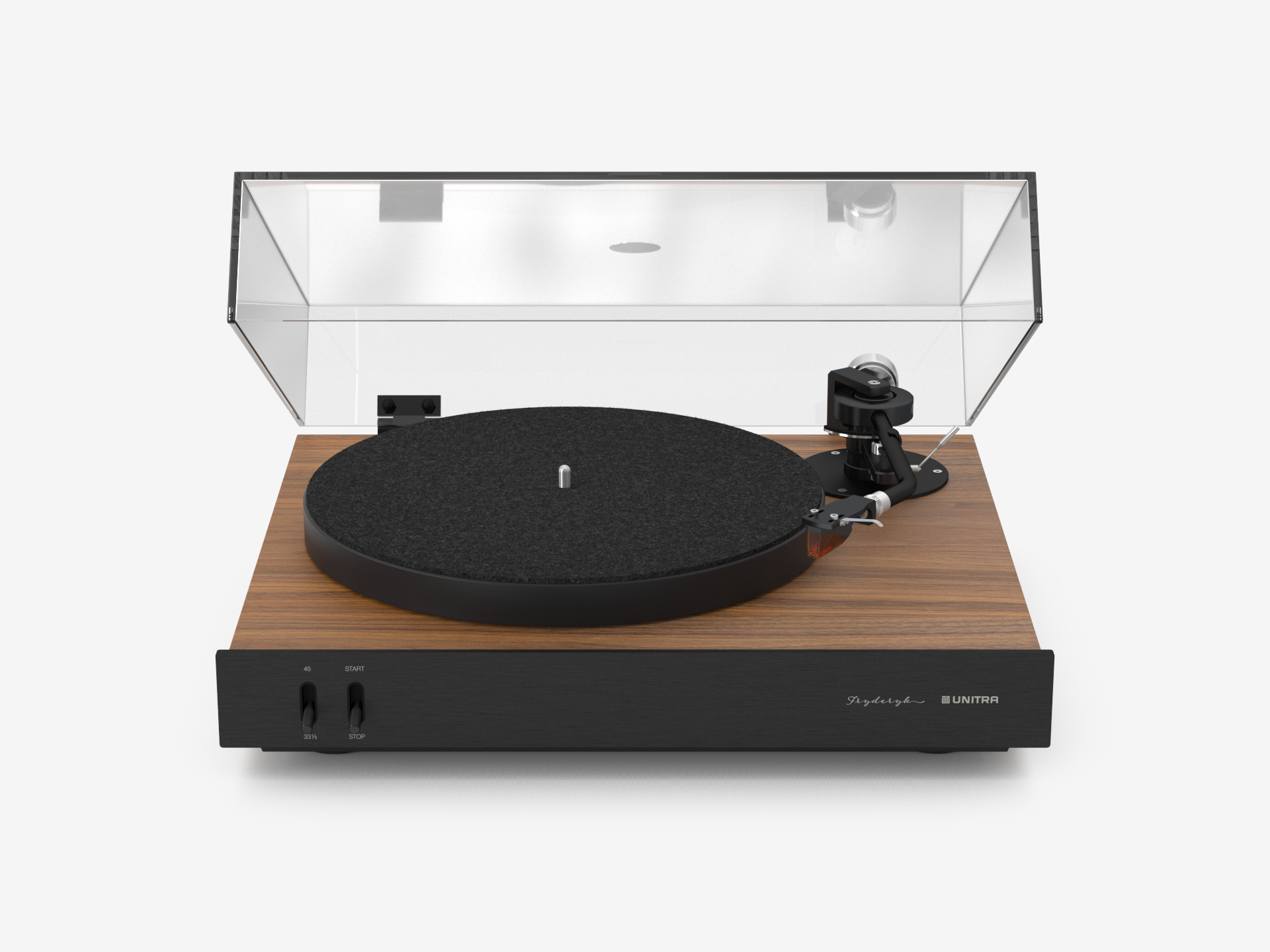 Unitra Fryderyk Turntable in Walnut and black on a white background