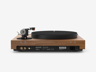 Unitra Fryderyk Turntable in Walnut and black on a white background