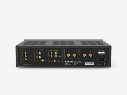 Back panel of the Unitra DSH-605 black audio amplifier on a white background