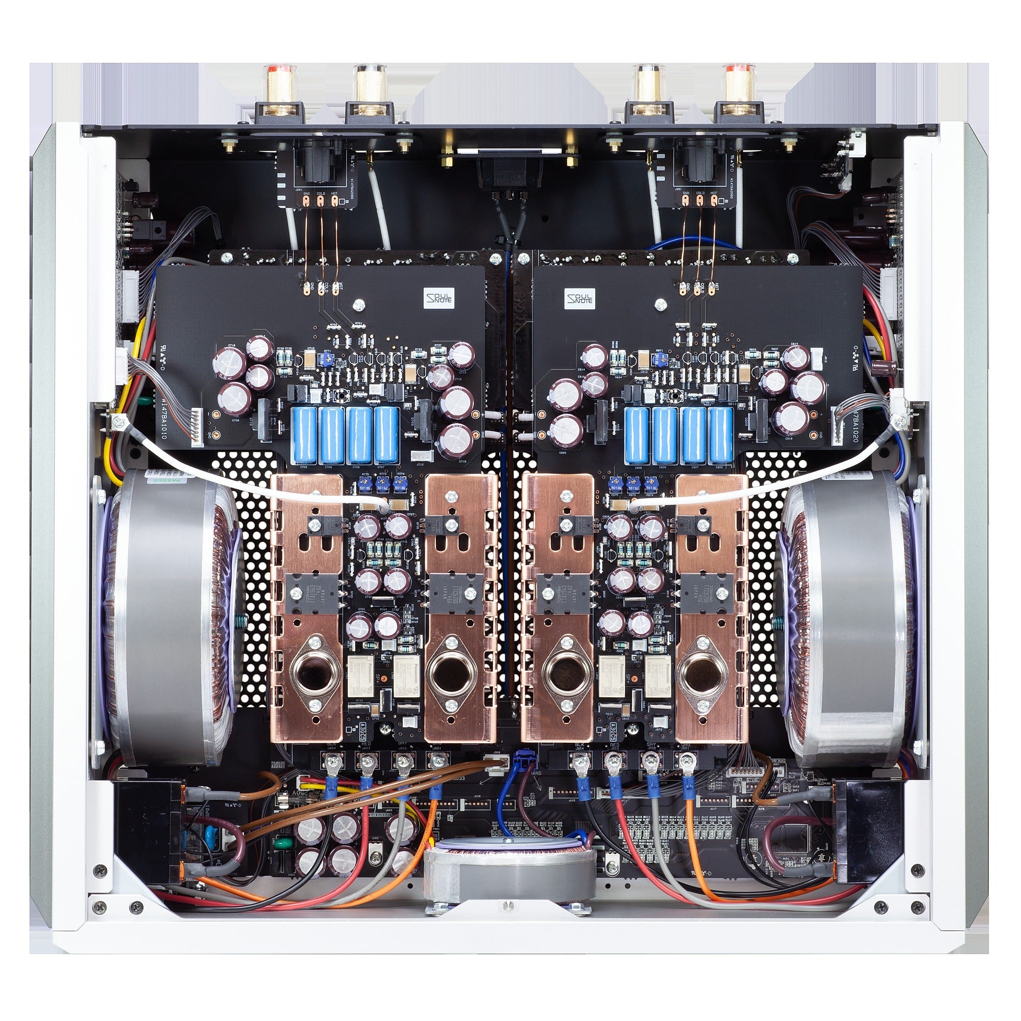 Soulnote A-3 Core stereo power amplifier, internal layout, top view