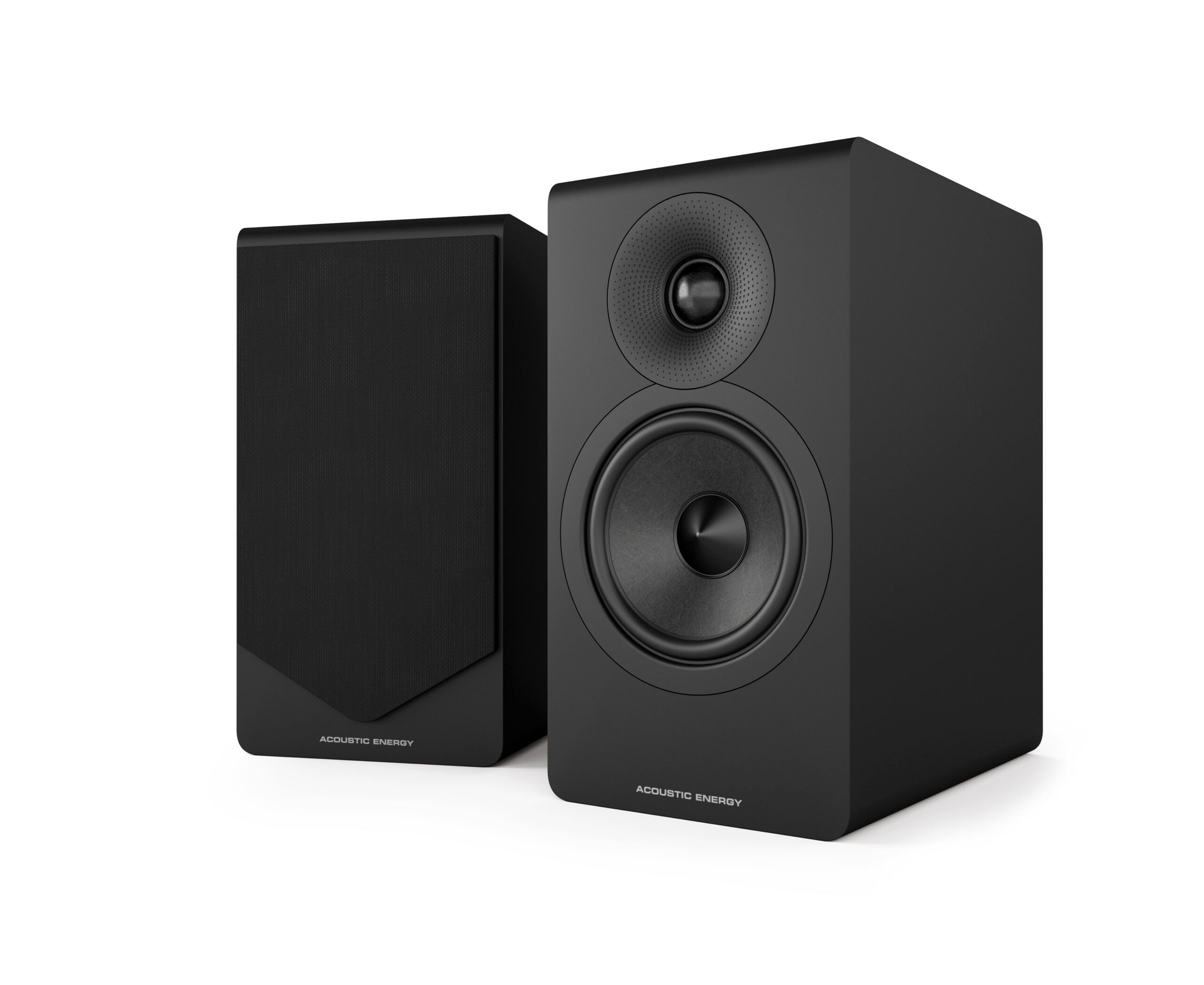 Acoustic Energy AE300 Mk2 speakers in Black on a white background