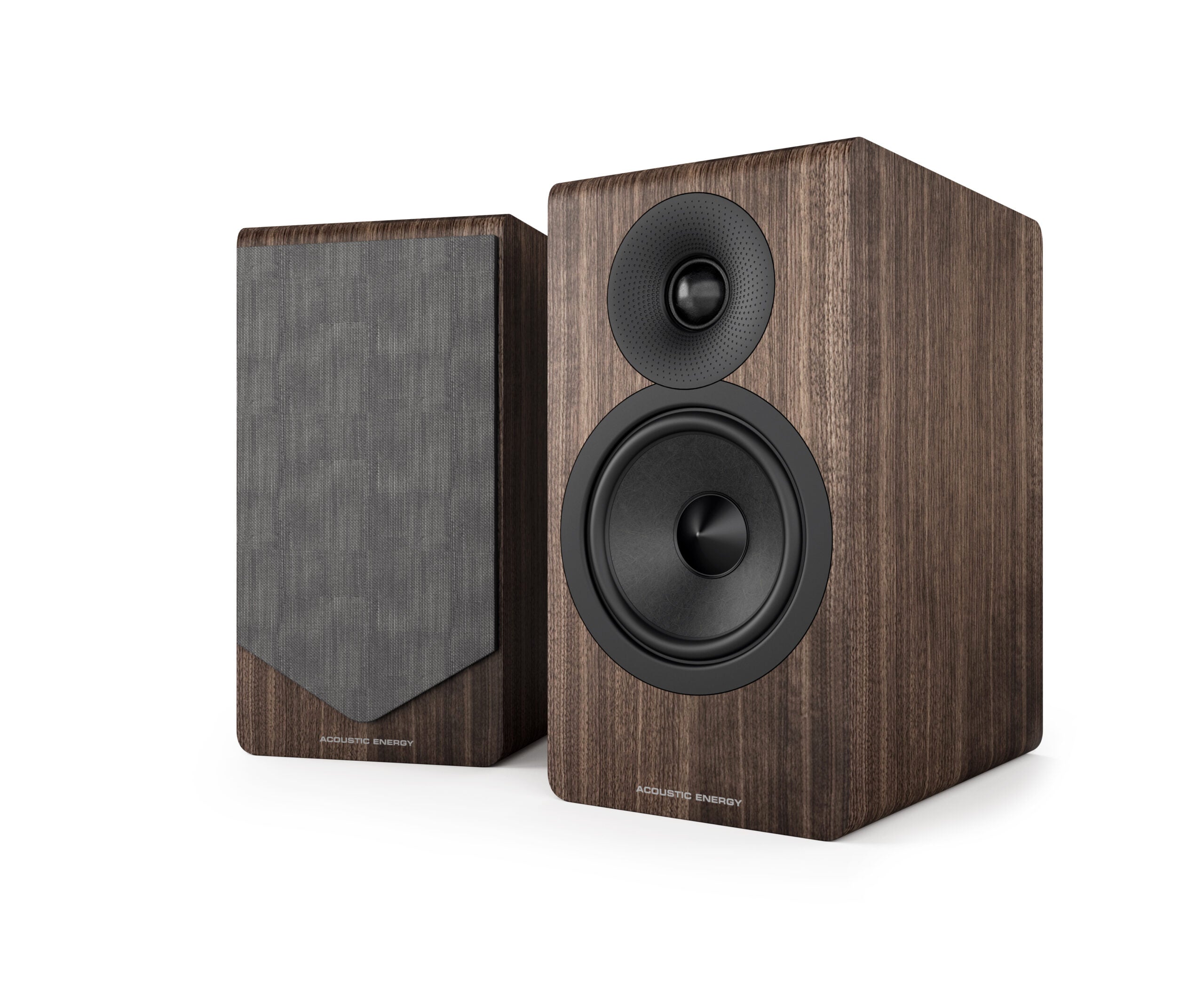Acoustic Energy AE300 Mk2 speakers in Walnut and Grey on a white background