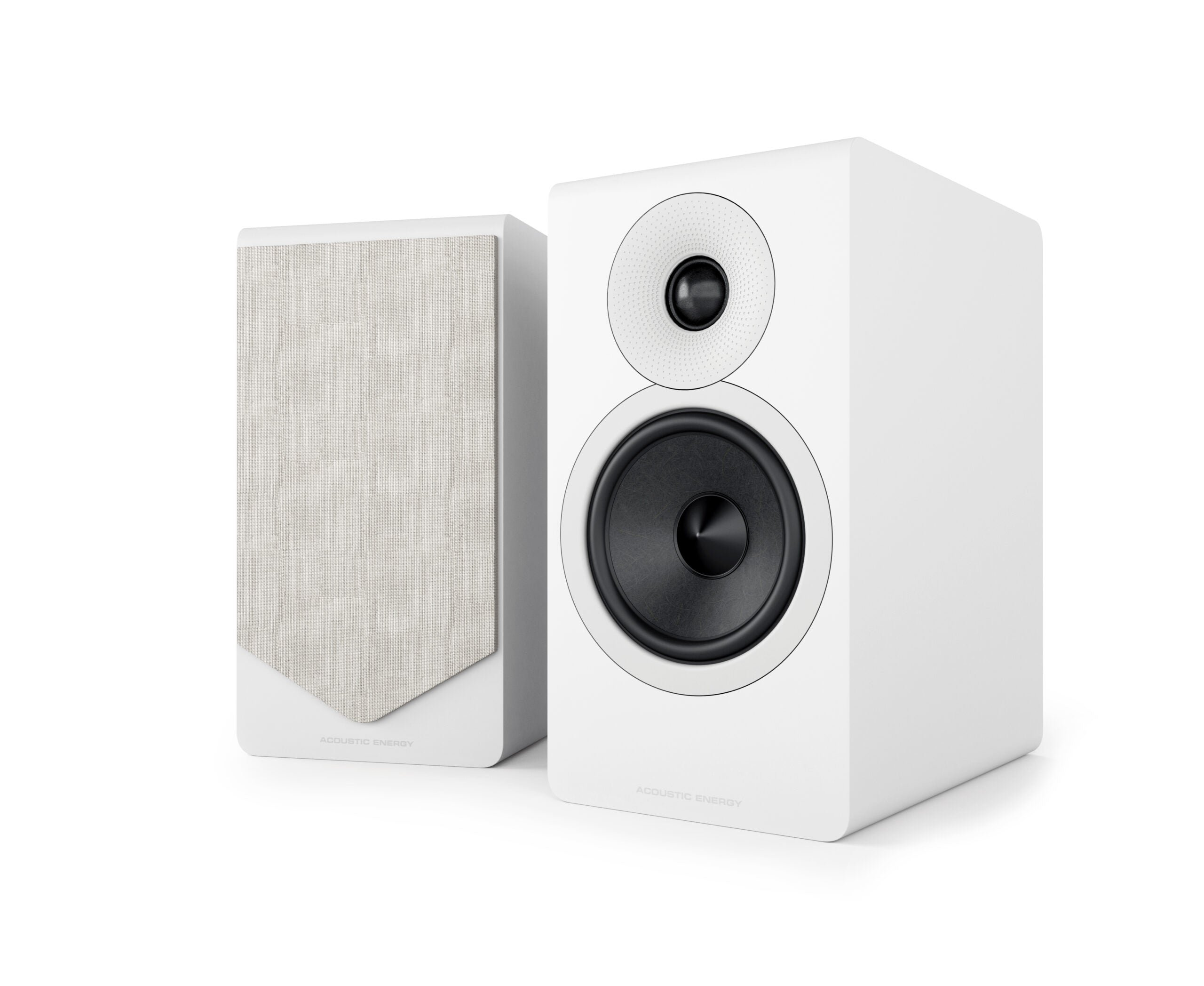 Acoustic Energy AE300 Mk2 speakers in White on a white background