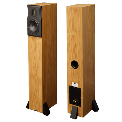 A pair of Neat Ekstra floor-standing tower speakers with a wooden finish, featuring a black front grille and a slim design.