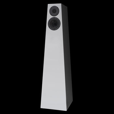 Ophidian FFION tower speakers in a white finish on a black background.
