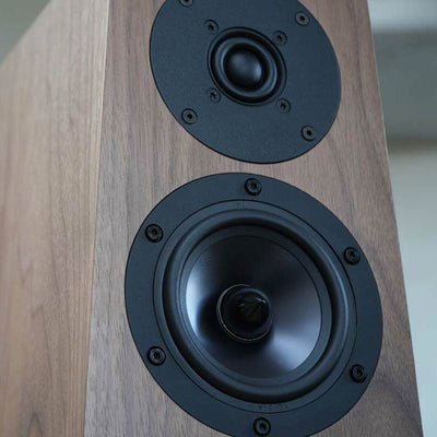 Ophidian FFION towers speakers closeup of the tweeter on top and mid-woofer below.