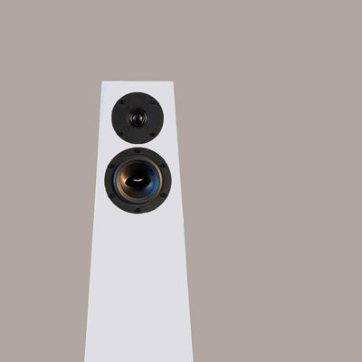 Ophidian FFION tower speakers in a white finish on a beige background.