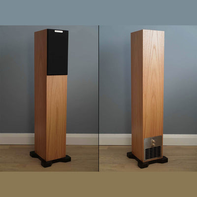 Front and back of the Ophidian MAMBO 2 tower speaker in an English oak.