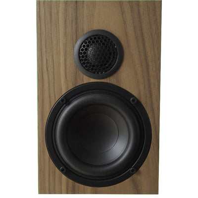 An Ophidian Minimo 2 bookshelf speaker with a wooden finish and a black grills, featuring a tweeter on the top and a bass driver on the front.