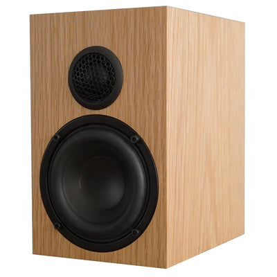 An Ophidian Minimo 2 bookshelf speaker with a wooden finish and a black grills, featuring a tweeter on the top and a bass driver on the front.