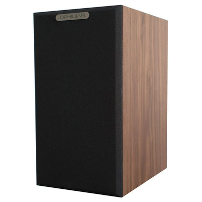 A brown Ophidian Mojo 2 bookshelf speaker with a black grill.
