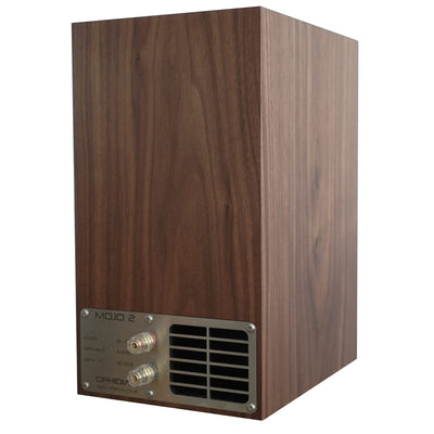 A brown Ophidian Mojo 2 bookshelf speaker with a metal cover over the port and terminals.