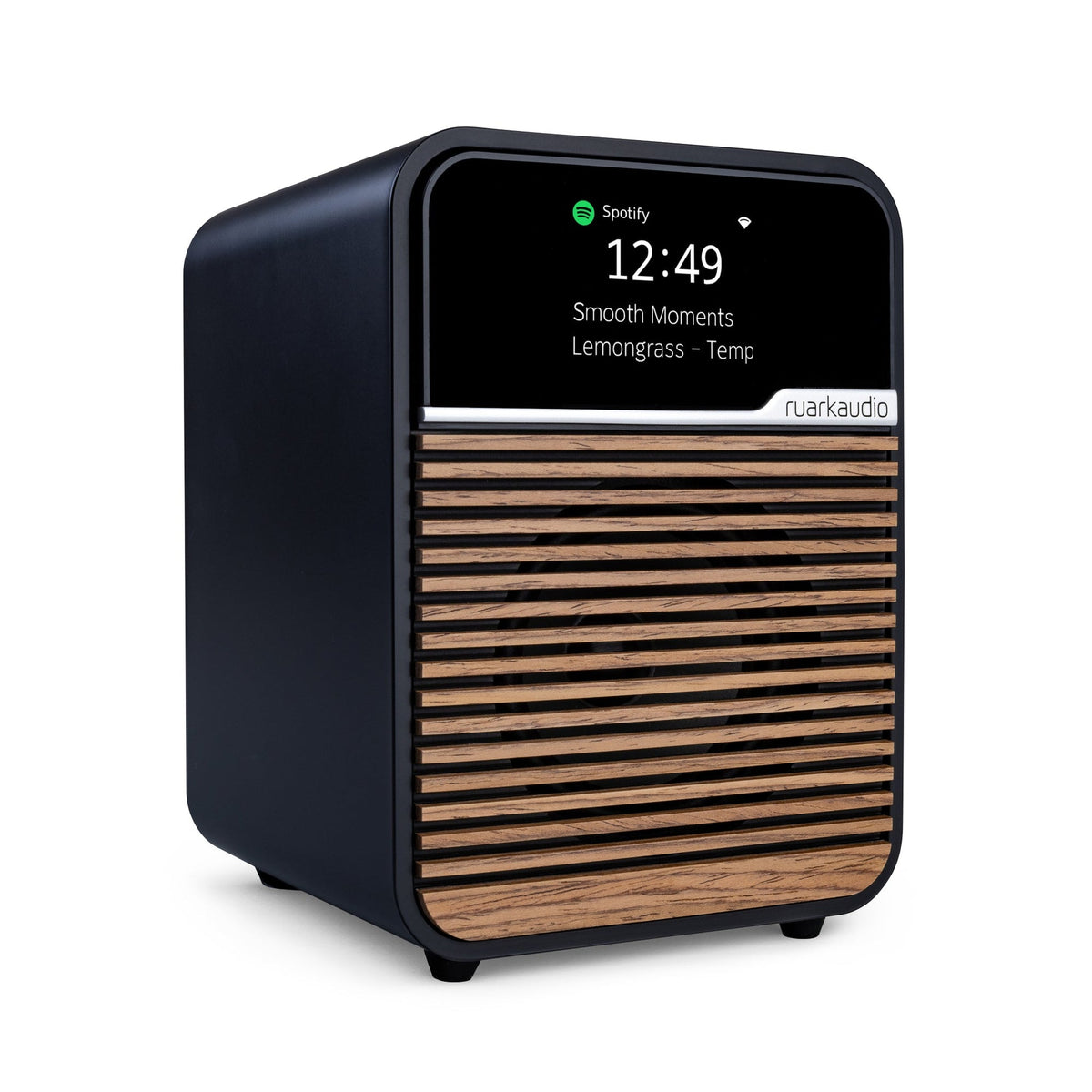 Ruark R1S smart radio in charcoal, low angle