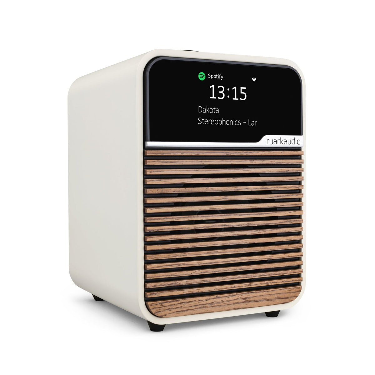 Ruark R1S smart radio in light cream, low angle