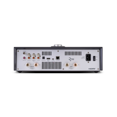 Ruark R710 rear panel: HDMI eARC, optical, phono, line in/out, subwoofer out, USB-C, Ethernet, and speaker binding posts