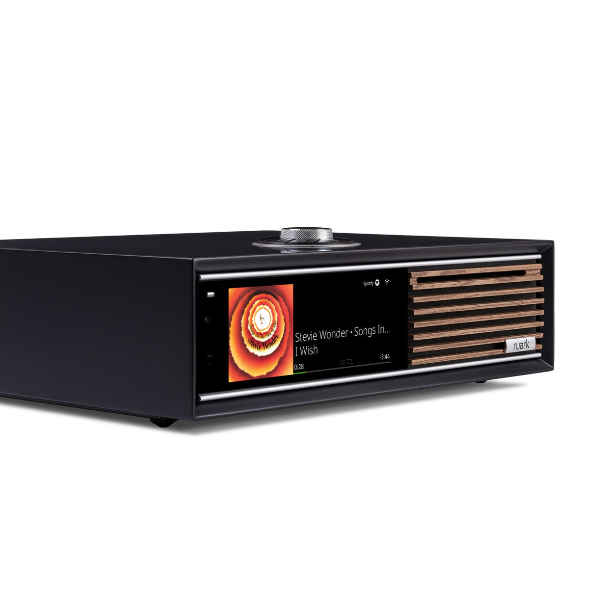 Ruark R710 CD Hi-Fi Console in Satin Charcoal, low front angle showing walnut slats and display