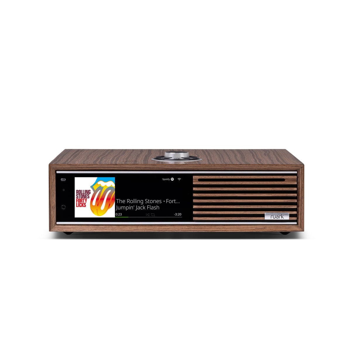 Ruark R710 in Fused Walnut, high front angle showing top-mounted RotoDial controller