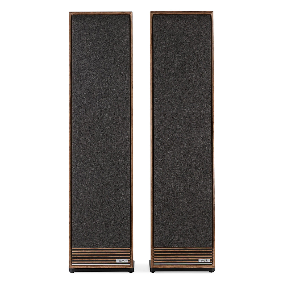 Ruark Talisman-R floorstanding speakers in walnut, front profile, grills on