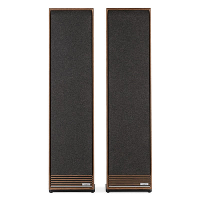 Ruark Talisman-R floorstanding speakers in walnut, front profile, grills on