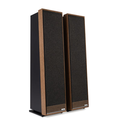 Ruark Talisman-R floorstanding speakers in walnut with grills on