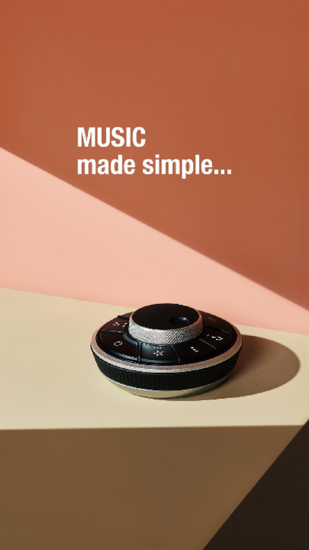 Ruark Audio remote with 'MUSIC made simple...' text on a two-tone background