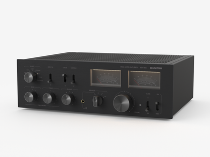 Unitra WSH-805 integrated amplifier classic edition in black on a white background.