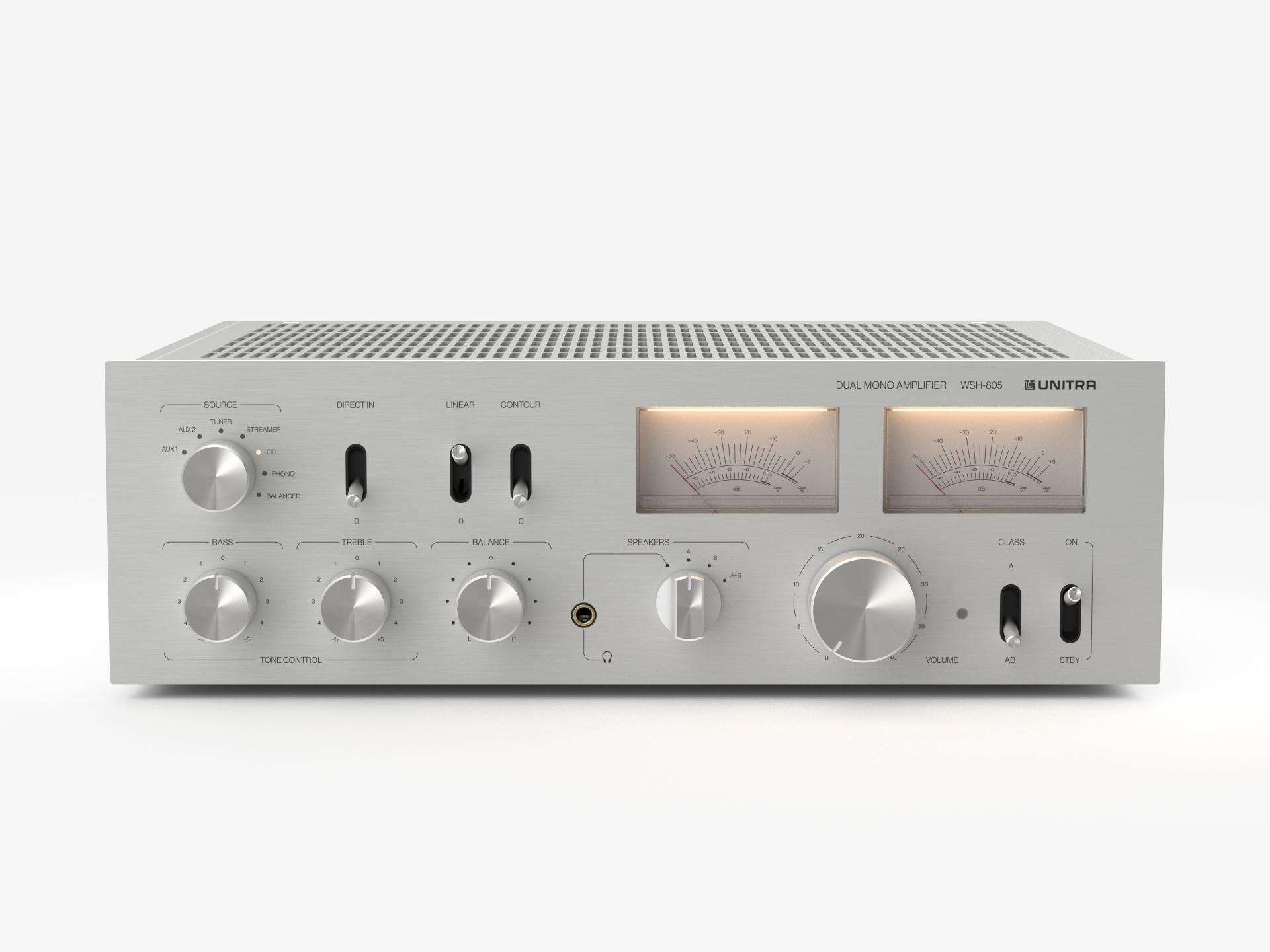 Unitra WSH-805 integrated amplifier classic edition in silver on a white background.