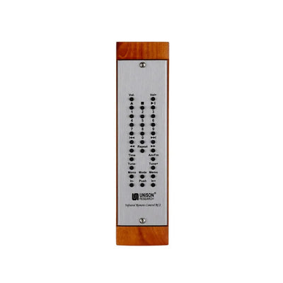 Unison Research Unico Remote RC3 with buttons for controlling audio devices in Black Cherry finish.