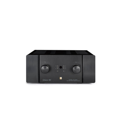 Unison Unico 90 integrated amplifier in black on a white background