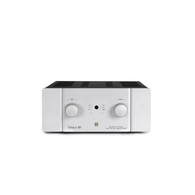Audio amplifier with 'Unico 90' branding on a white background