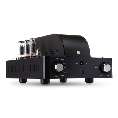 Unison-S6-Black-Edition vacuum tube amplifier on a white background.