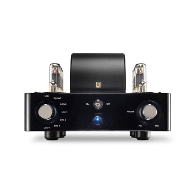 Unison-S6-Black-Edition vacuum tube amplifier on a white background.