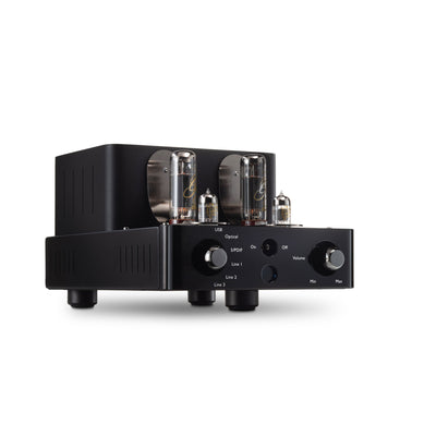 Unison Simply Italy amplifier with vacuum tube on a white background