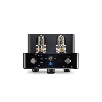 Unison Simply Italy amplifier with vacuum tube on a white background