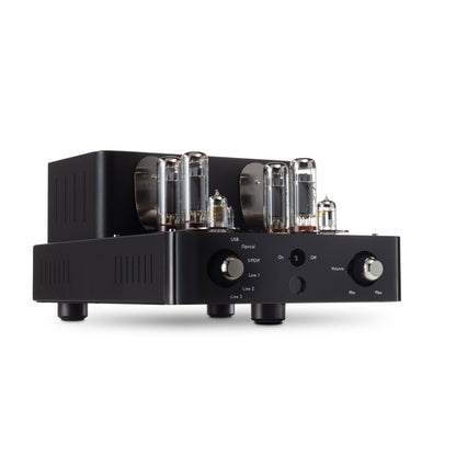 Unison audio Triode 25 amplifier with vacuum tubes on a white background