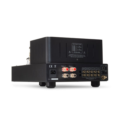 Unison audio Triode 25 amplifier with vacuum tubes on a white background