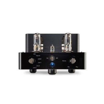 Unison audio Triode 25 amplifier with vacuum tubes on a white background