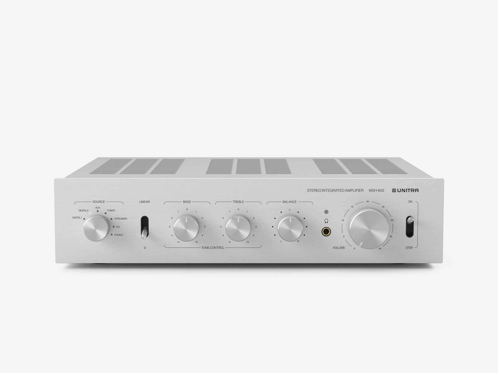 Unitra DSH-605 silver audio amplifier on a white background