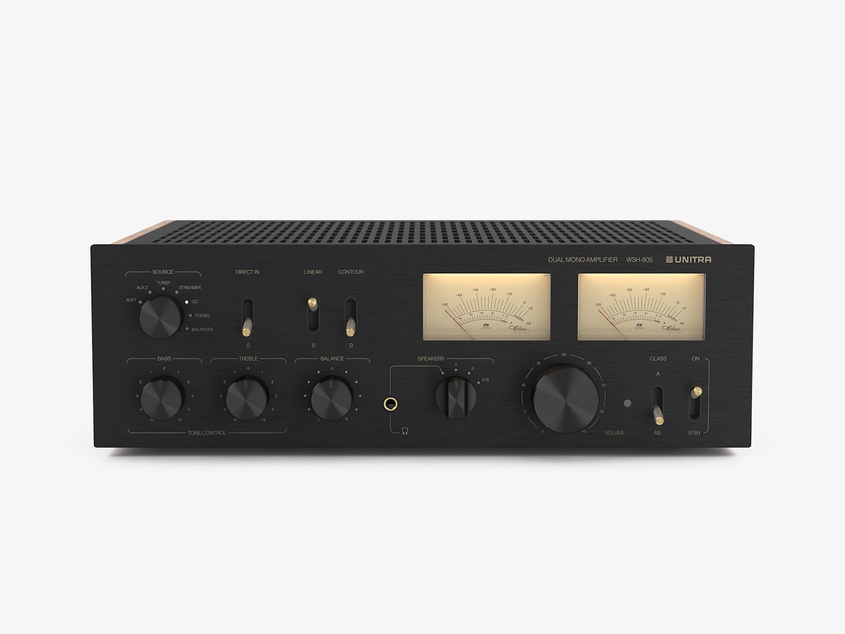 Unitra WSH-805 audio amplifier in black with brass and wood accents on a white background
