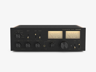 Unitra WSH-805 audio amplifier in black with brass and wood accents on a white background