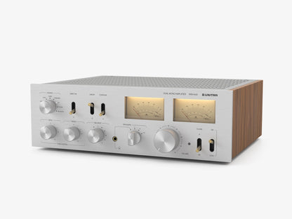 Unitra WSH-805 audio amplifier in silver with brass and wood accents on a white background