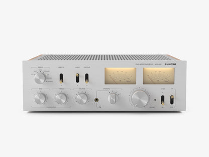Unitra WSH-805 audio amplifier in silver with brass and wood accents on a white background