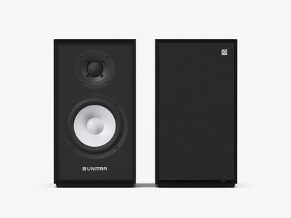 Unitra ZGB-401 bookshelf speakers in black on a white background