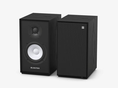 Unitra ZGB-401 bookshelf speakers in black on a white background