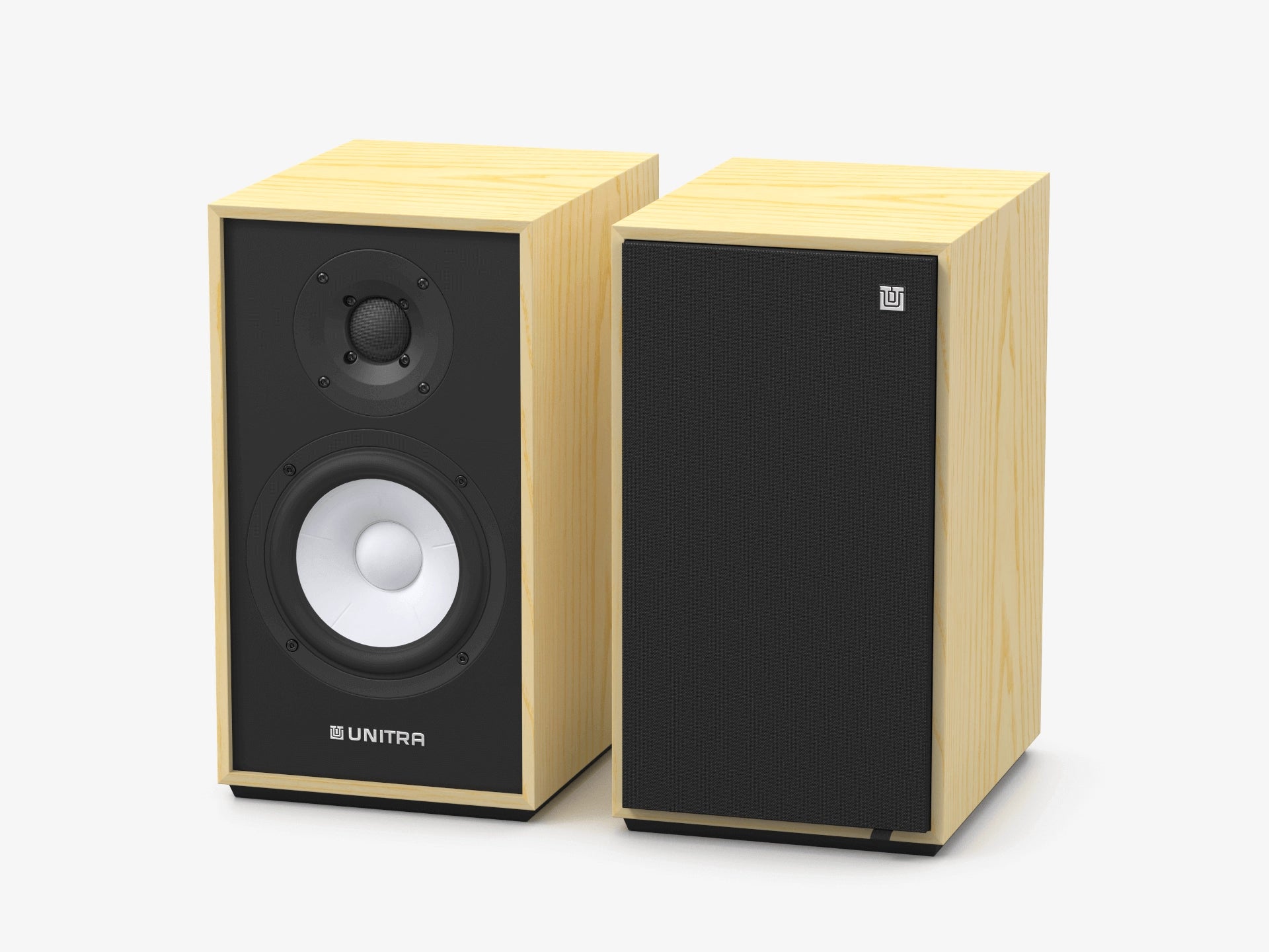 Unitra ZGB-401 bookshelf speakers in light ash on a white background