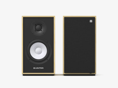 Unitra ZGB-401 bookshelf speakers in light ash on a white background