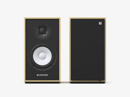 Unitra ZGB-401 bookshelf speakers in light ash on a white background