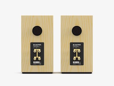 Unitra ZGB-401 bookshelf speakers in light ash on a white background