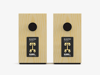 Unitra ZGB-401 bookshelf speakers in light ash on a white background