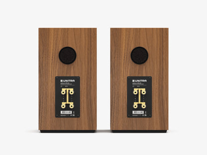 Unitra ZGB-401 bookshelf speakers in walnut on a white background